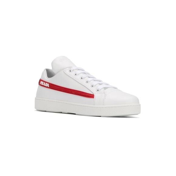Prada Band White Red Stripe Logo Lace Up Tie Flat Low Top Trainer Sneaker 36.5 - Picture 5 of 16